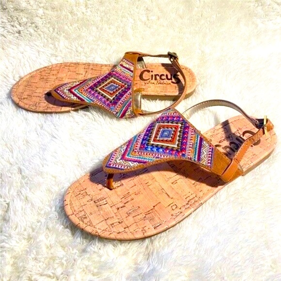 🍓Circus by Sam Edelman Brita colorful Embroidered Cork Flat Sandals  Size 7.5 - Picture 3 of 8